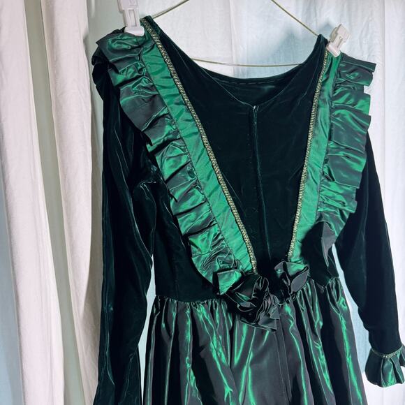 Vintage 1970s Renaissance Green Velvet Taffeta Victorian Maxi Dress Talon XS/S - Picture 4 of 11
